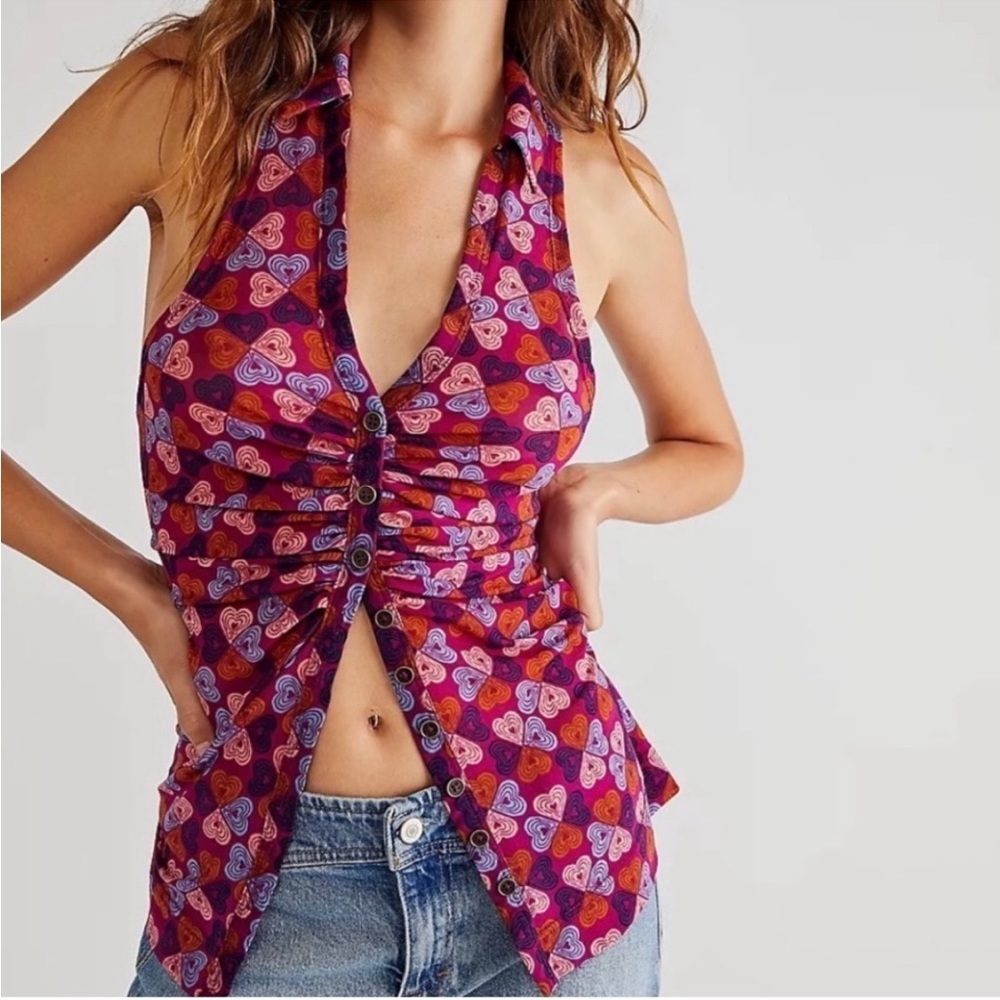 Free People Boho Heart Print Lucky Vest Tank Top Button Front